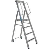 Zarges Mobile Master Step Ladder with five silver steps, safety rails, and wheels for easy mobility.
