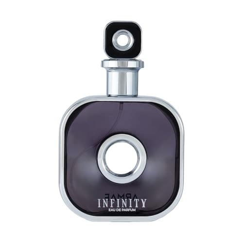 Armaf Infinity Silver Eau De Parfum in a sleek, square dark purple bottle with a circular cutout and silver accents, featuring a black top and the brand name prominently displayed.