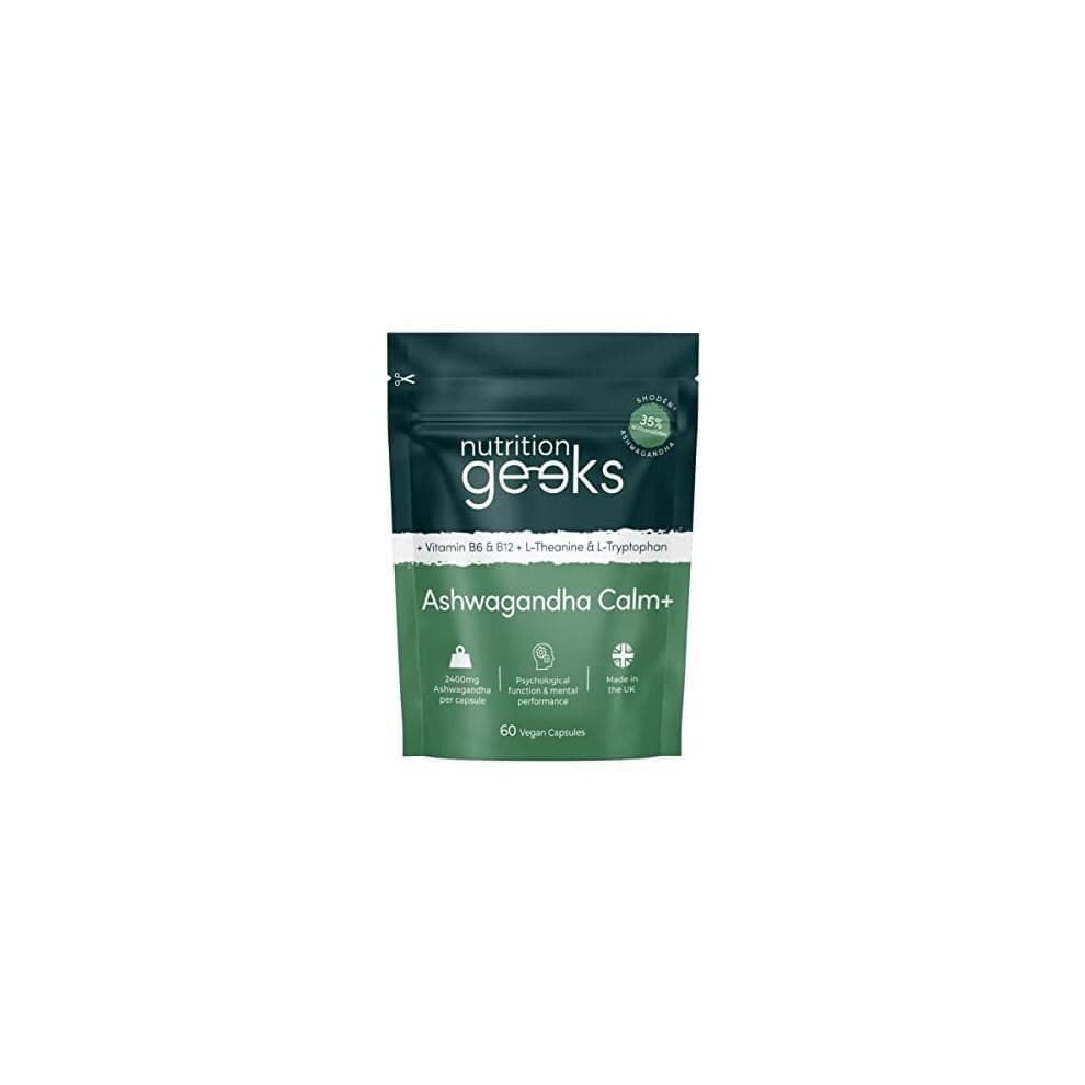 Green and white resealable pouch labeled "Nutrition Geeks Ashwagandha Calm+" with 2400mg capsules, featuring details about amino acids and vitamins B6/B12 for sleep aid.