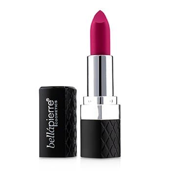 Matte lipstick in a vibrant hot pink shade, housed in a sleek silver bullet with a textured black cap, labeled "Bellápierre Cosmetics."