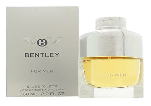Clear glass bottle with a silver cap, featuring a prominent "B" logo and the text "BENTLEY FOR MEN," alongside a sleek silver box packaging.