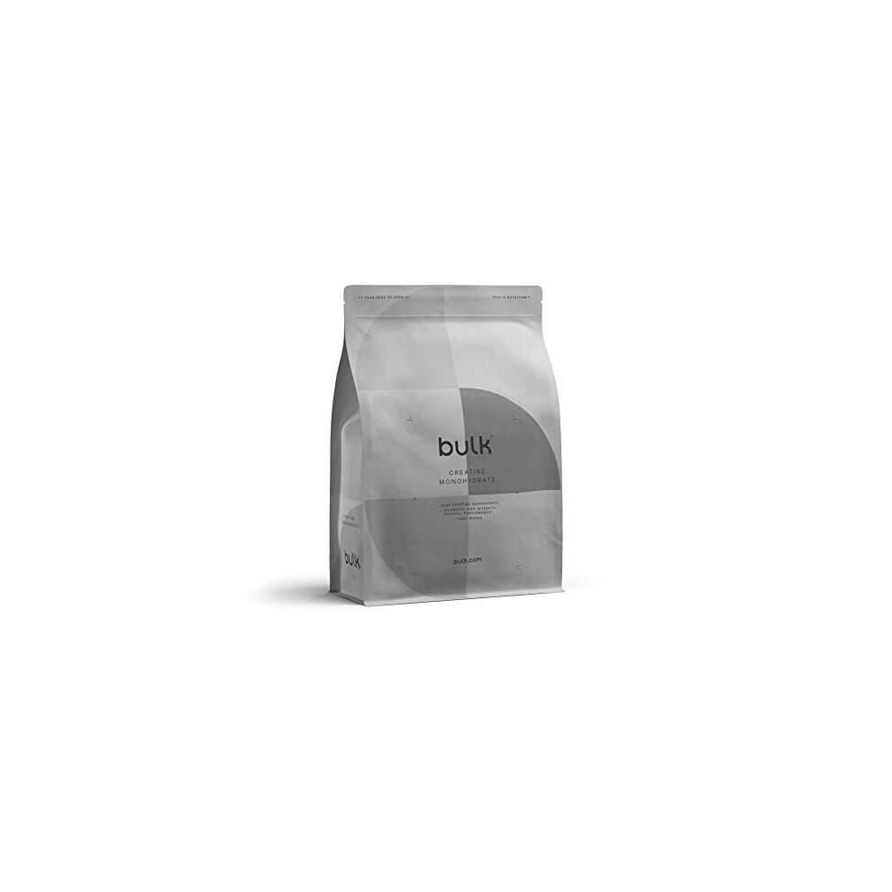 Pure unflavoured creatine monohydrate powder in a resealable, matte silver bag with a minimalist design, featuring a large gray circle and "bulk" branding.