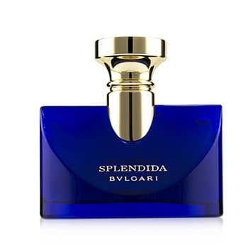 Deep blue glass bottle with a gold cap, featuring the text "SPLENDIDA BVLGARI" elegantly embossed on the front, containing 50ml of Tubereuse Mystique Eau De Parfum.