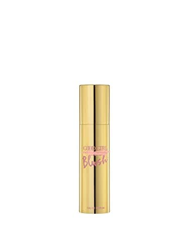 Gold cylindrical travel spray bottle with a shiny finish, featuring pink text that reads "Good Girl Blush" by Carolina Herrera, designed for women, 0.34 oz mini size.