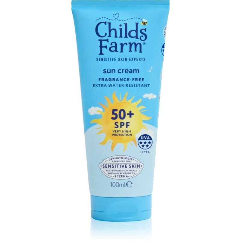 Light blue tube of Child's Farm Suncare Tanning Cream SPF 50+, featuring a sun graphic, labeled as fragrance-free, 100ml, and designed for sensitive skin.