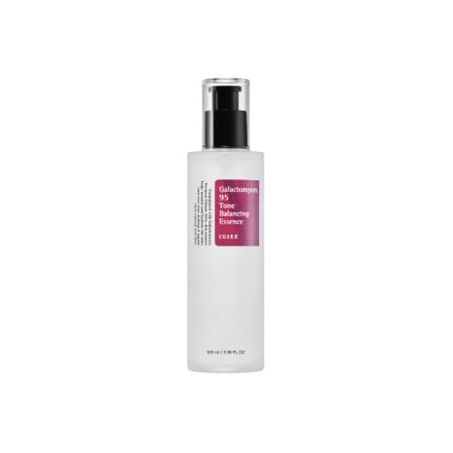 Clear glass bottle with a pump dispenser, labeled "Galactomyces 95 Tone Balancing Essence" in pink and white text, containing 3.38 fl oz (100 ml) of product.