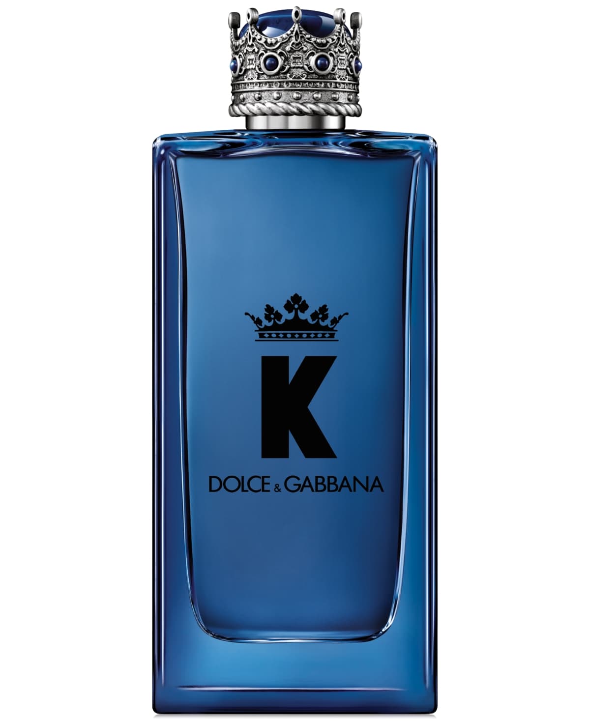 Blue glass bottle of Dolce & Gabbana K Eau De Parfum, featuring a silver crown cap and bold black lettering on the front, with a 200ml capacity.