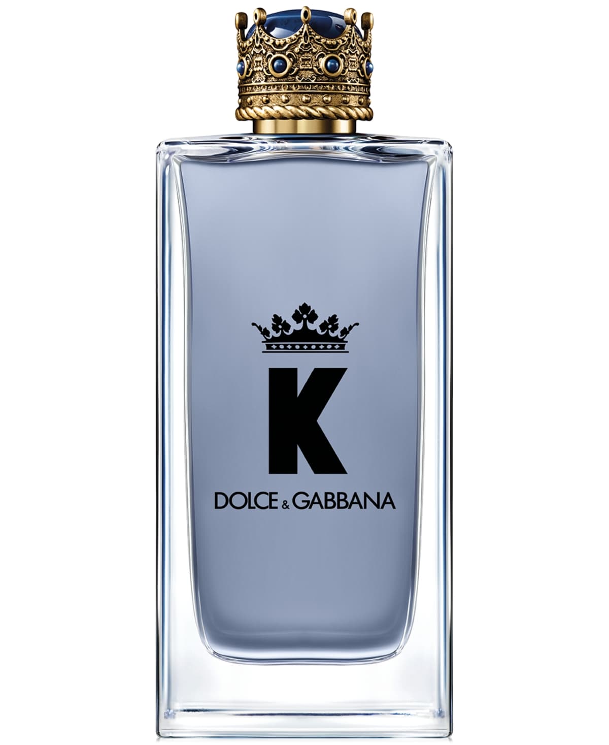 Clear glass bottle with a blue-tinted liquid, featuring a gold crown cap and the letter "K" in bold black font, alongside "DOLCE & GABBANA" in elegant lettering.