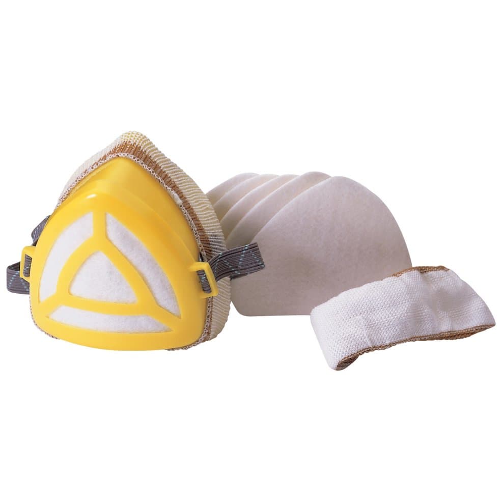 Yellow and gray Draper 18058 Comfort Dust Mask with a triangular front, adjustable straps, and five white filters for enhanced protection against dust and particles.