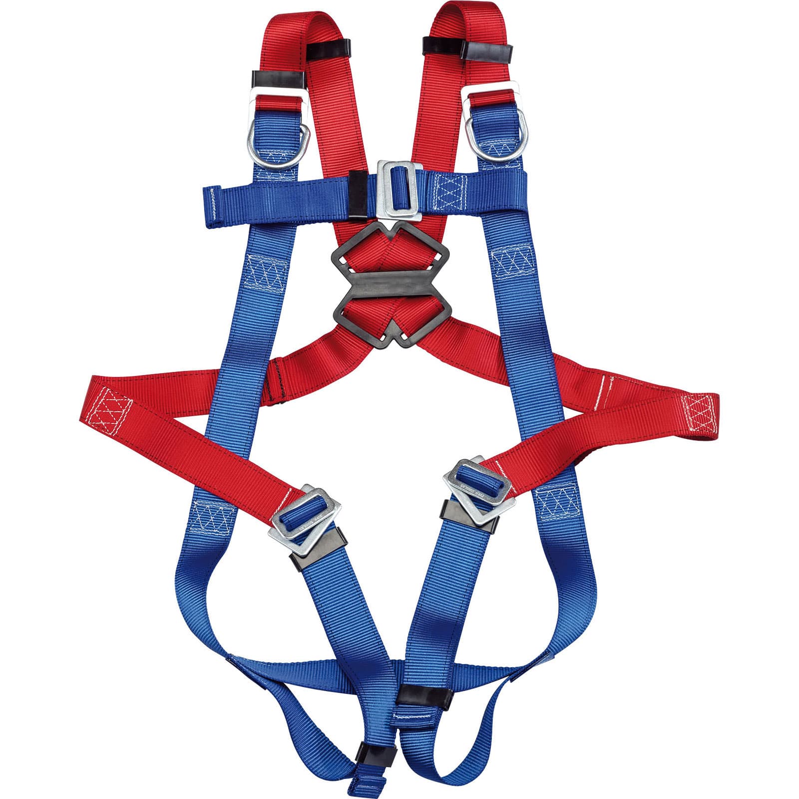 Red and blue safety harness with adjustable straps, metal buckles, and a padded back for comfort, designed for secure use in various work environments.