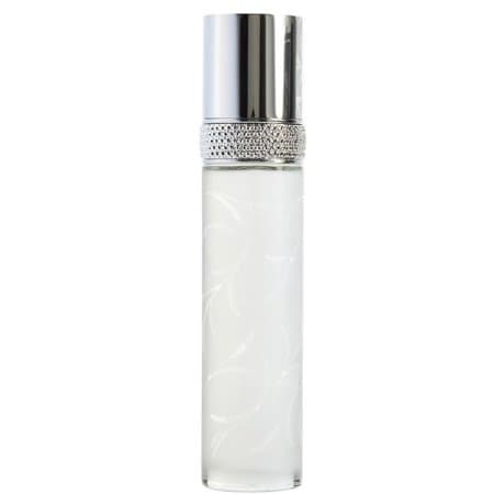 Clear glass bottle with elegant swirls, topped with a shiny silver cap and a decorative band of faux diamonds, containing 3.3 oz of White Diamonds Brilliant Eau De Toilette.