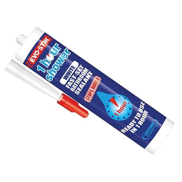 Evo-Stik 1 Hour Shower Sealant in a 310ml white tube, featuring a red nozzle and blue label highlighting quick-setting and waterproof properties.