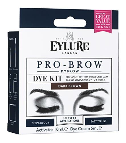 Eylure Dybrow Brown Tint kit featuring a white and black box with dark brown accents, includes a 10ml activator and 5ml dye cream, designed for easy brow tinting.