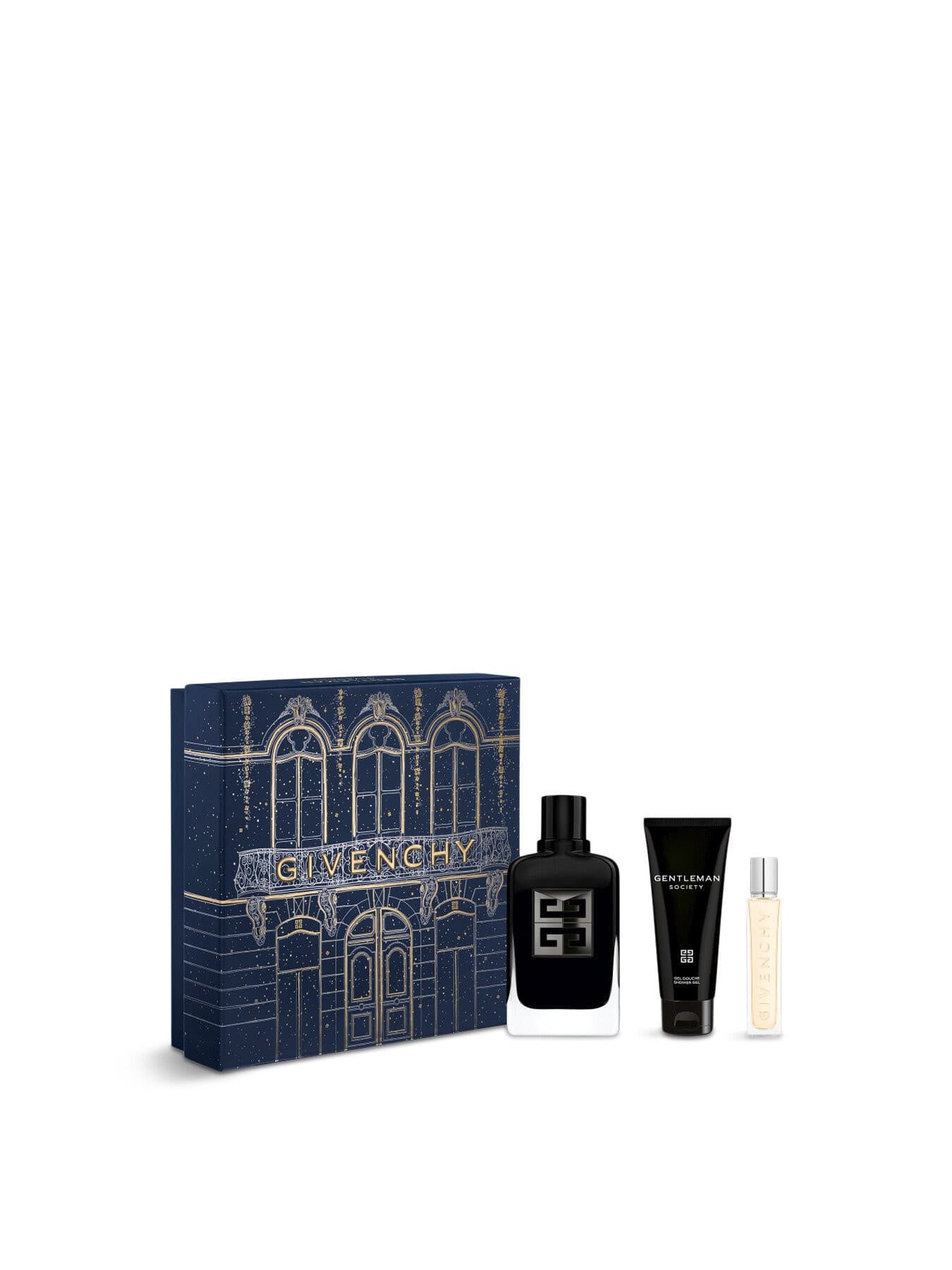 Givenchy Gentleman Society Extreme Eau De Parfum gift set featuring a black bottle, a black tube, and a small clear vial, all presented in a stylish navy box with gold accents.