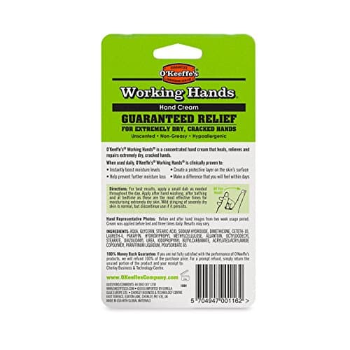 Bright green packaging with black and white text, featuring "O'Keeffe's Working Hands" prominently; contains 96g of hand cream for extremely dry, cracked hands.