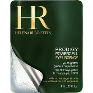 Green packaging featuring gold lettering, showcasing "Helena Rubinstein Powercell Eye Urgency Eye Patches," with a silver peel-back section revealing the product inside.