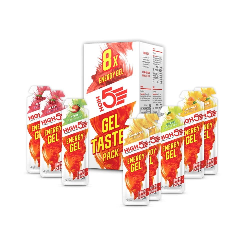 Eight colorful energy gel sachets in red and yellow packaging, featuring various flavors, arranged around a white box labeled "High5 Gel Taster Pack."