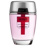 Clear glass bottle with a silver cap, featuring a bold red stripe and "HUGO energise" label, containing 2.5oz of light pink eau de toilette.