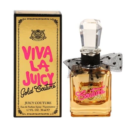 Clear glass bottle with a diamond-shaped cap, filled with golden perfume, accompanied by a black polka dot bow; packaging features vibrant pink and gold design with "Viva La Juicy" text.