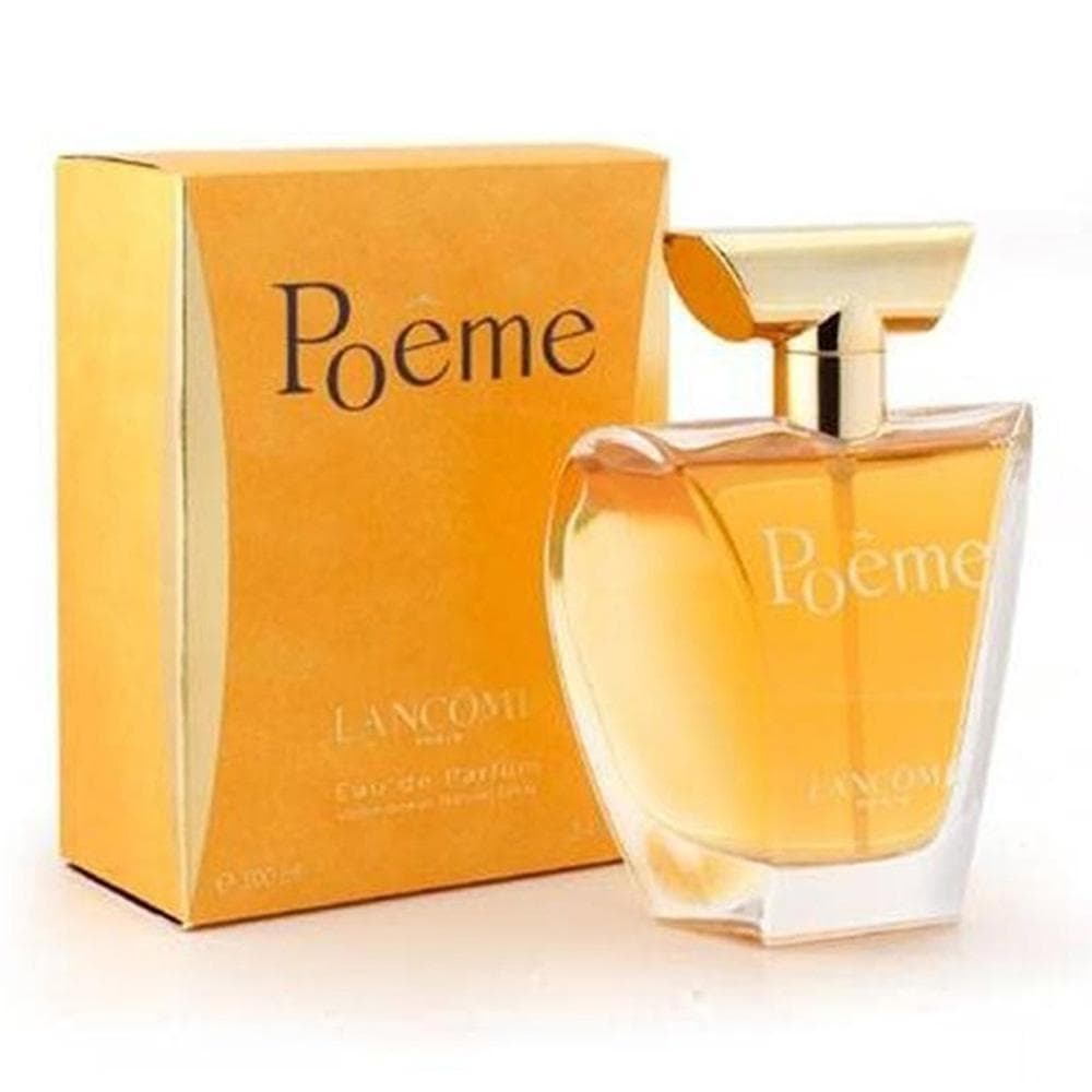 Clear glass perfume bottle with a gold cap, containing a golden-yellow fragrance, next to a bright orange box labeled "Poème" by Lancôme.