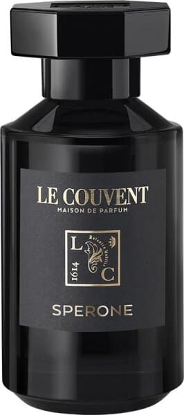 Black glass bottle with a square shape, featuring a gold label that reads "LE COUVENT" and "SPERONE," topped with a sleek black cap, representing a unisex fragrance.