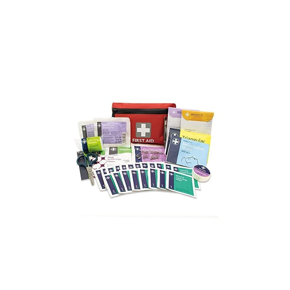 Red nylon first aid kit containing 92 essential items including bandages, antiseptic wipes, a triangular bandage, and a first aid manual, ideal for travel and emergencies.