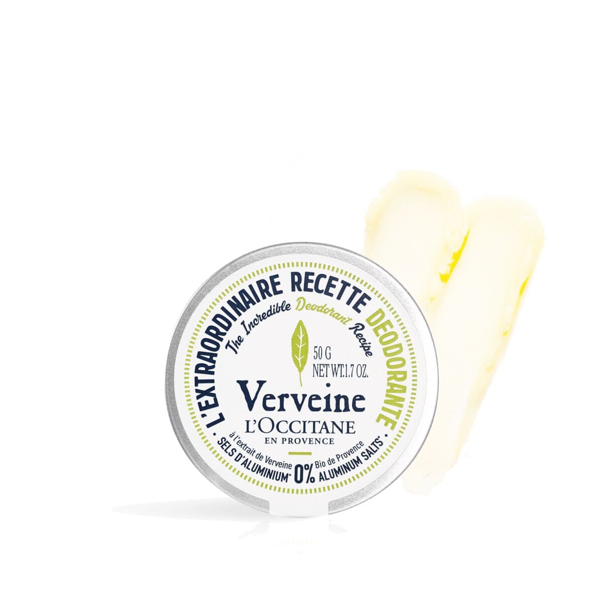 Round metal tin with a green and yellow label reading "Verveine" and "L'Occitane," containing a creamy white deodorant; 0% aluminum salts, 50g/1.7oz.
