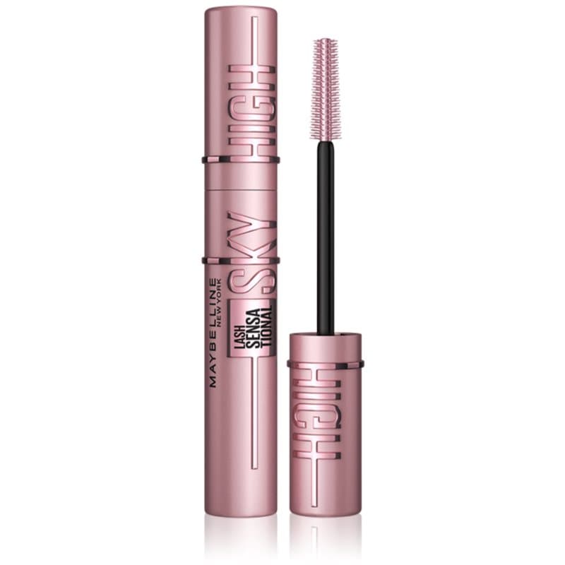 Maybelline Lash Sensational Sky High Washable Mascara in Very Black, featuring a sleek pink tube with bold black lettering and a unique brush for lengthening lashes.