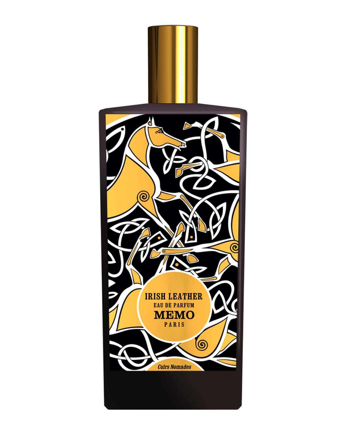 Black bottle with a bold yellow and white abstract design, featuring stylized horses, topped with a gold cap, labeled "Irish Leather Eau De Parfum Spray 75 Ml" by MEMO PARIS.