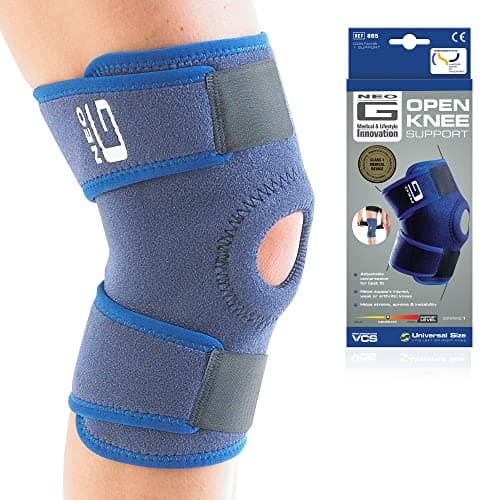 Blue neoprene knee brace with an open patella design, adjustable straps for compression, and a logo on the front, packaged with a detailed product card.