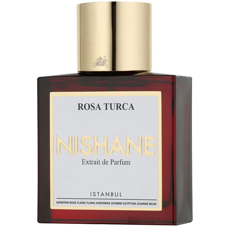 Nishane Fan Your Flame Eau De Parfum features a deep red glass bottle with a gold cap, labeled with "Nishane" in bold letters and a white background, exuding elegance and luxury.