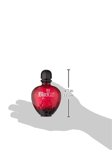 A 80ml bottle of Paco Rabanne Black XS Eau De Toilette, featuring a dark red glass design with a black cap, elegantly shaped and adorned with a rose motif.