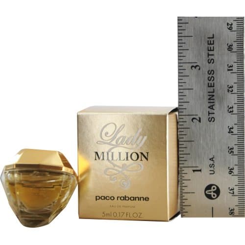 Golden, diamond-shaped bottle of Paco Rabanne Lady Million Eau de Parfum, accompanied by a gold box, with a ruler indicating the 5ml size.