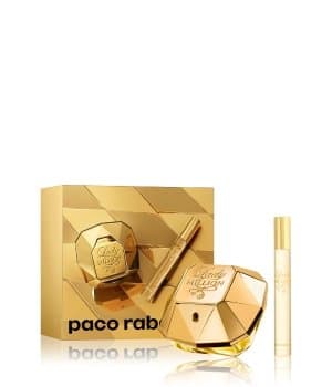 Gold gift box featuring a diamond-shaped 50ml EDP bottle and a 10ml EDP rollerball, both adorned with elegant branding and a luxurious design.