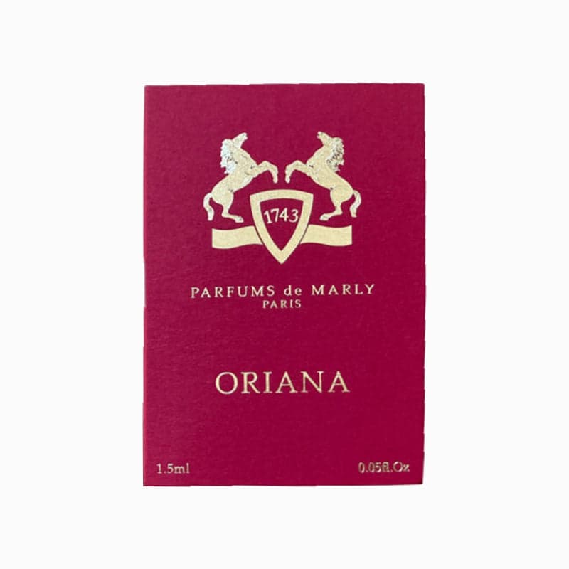 Deep burgundy box featuring gold embossed horses and text, labeled "Oriana" and "Parfums de Marly," with a size indication of 1.5ml at the bottom.