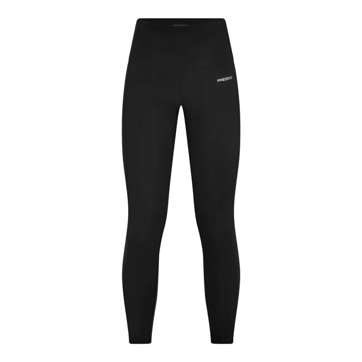 High-rise women's black leggings by Pressio, featuring a sleek design, eco-friendly material, and a comfortable waistband, ideal for activewear.