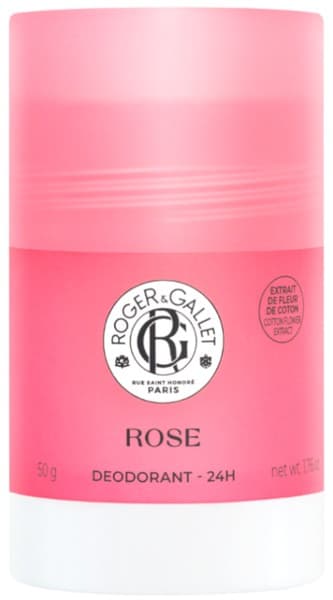 Pink cylindrical deodorant stick with a white cap, labeled "Roger & Gallet Rose Deodorant Stick 24h," featuring a logo and floral design, net weight 50g.
