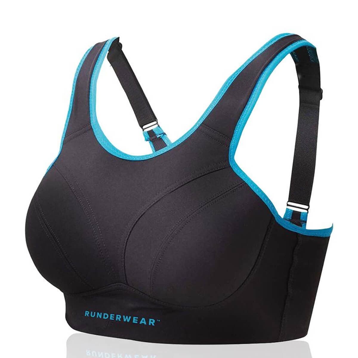 Black sports bra with blue accents, featuring adjustable straps, a supportive design, and padded cups, labeled "Runderwear Easy on Support Runderbra - 40 G".
