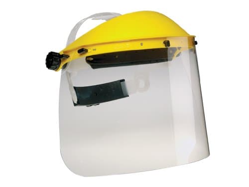 Standard face shield with a clear plastic visor and a bright yellow top, featuring an adjustable headband for a secure fit.