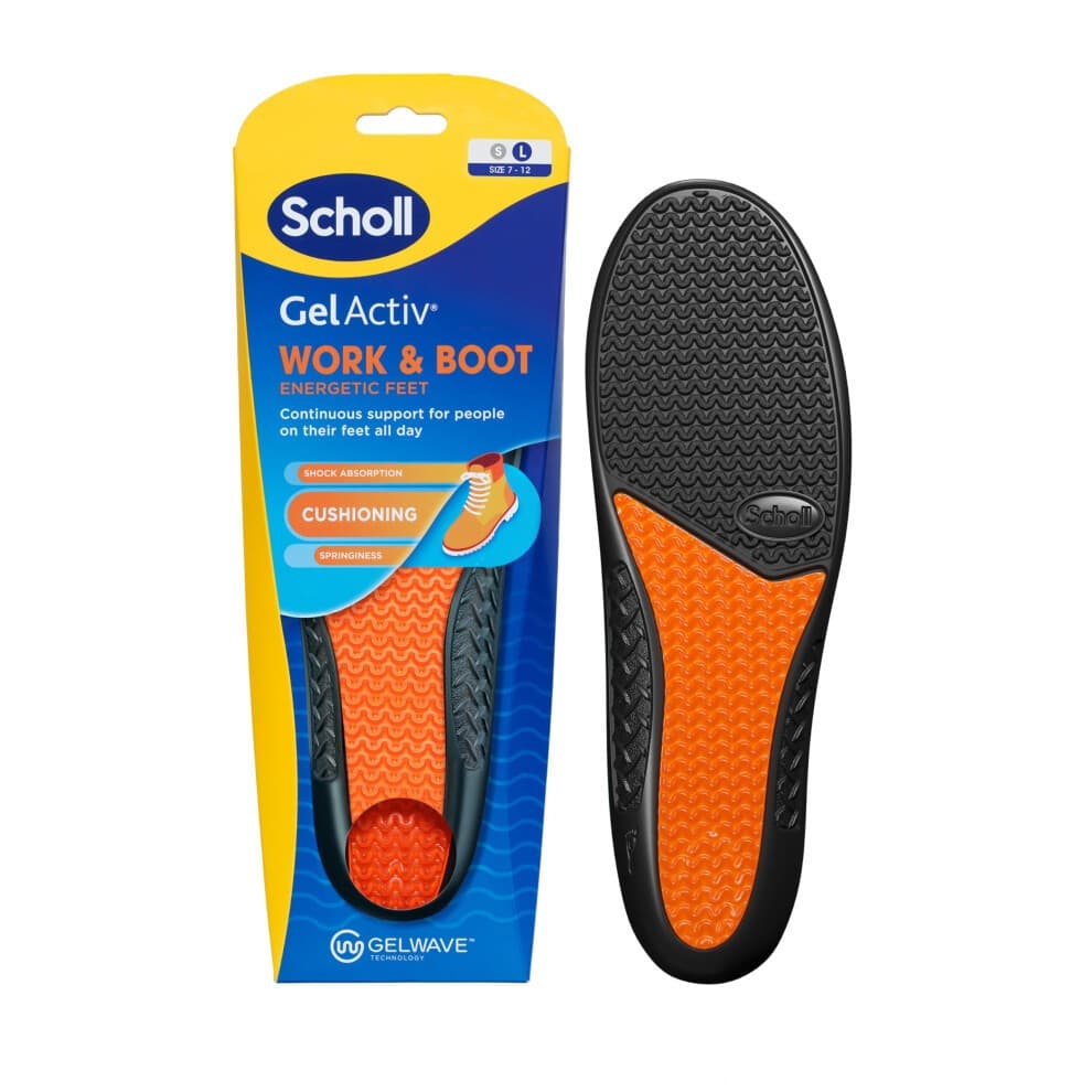 Black and orange GelActiv Work & Boot insoles with textured surface for shock absorption, featuring GelWave technology, packaged in a vibrant blue and yellow box, UK size 7-12.
