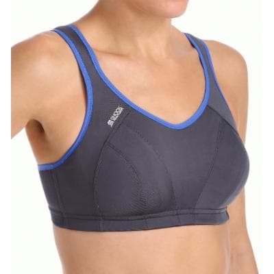 Grey multi sports bra with blue accents, featuring a v-neck design, padded cups, and adjustable straps, ideal for high-impact activities. Size 40 G.