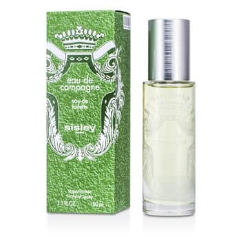 Green box with ornate white design and silver crown, containing a clear glass bottle of Sisley-Paris Eau De Campagne Eau De Toilette, 3.4 oz, with a silver cap.