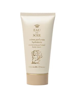 Light beige tube of Sisley-Paris Eau Du Soir Body Cream with gold accents, featuring elegant text and a decorative emblem, designed for moisturizing and fragrance.