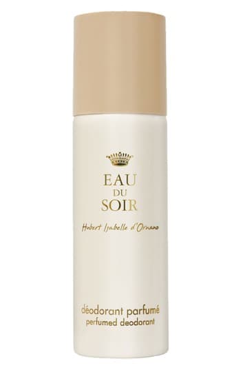 White cylindrical deodorant spray with a gold cap, featuring elegant text that reads "Eau Du Soir" and "déodorant parfumé" in a simple, sophisticated design.