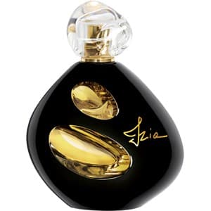 Black oval perfume bottle with a glossy finish, featuring a gold accent and a clear, sculptural cap; labeled "Izia" in elegant script.