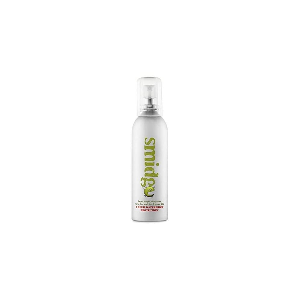 Silver spray bottle with a clear pump top, labeled "Smidge" in green and white, containing 75ml of insect repellent for protection against midges.