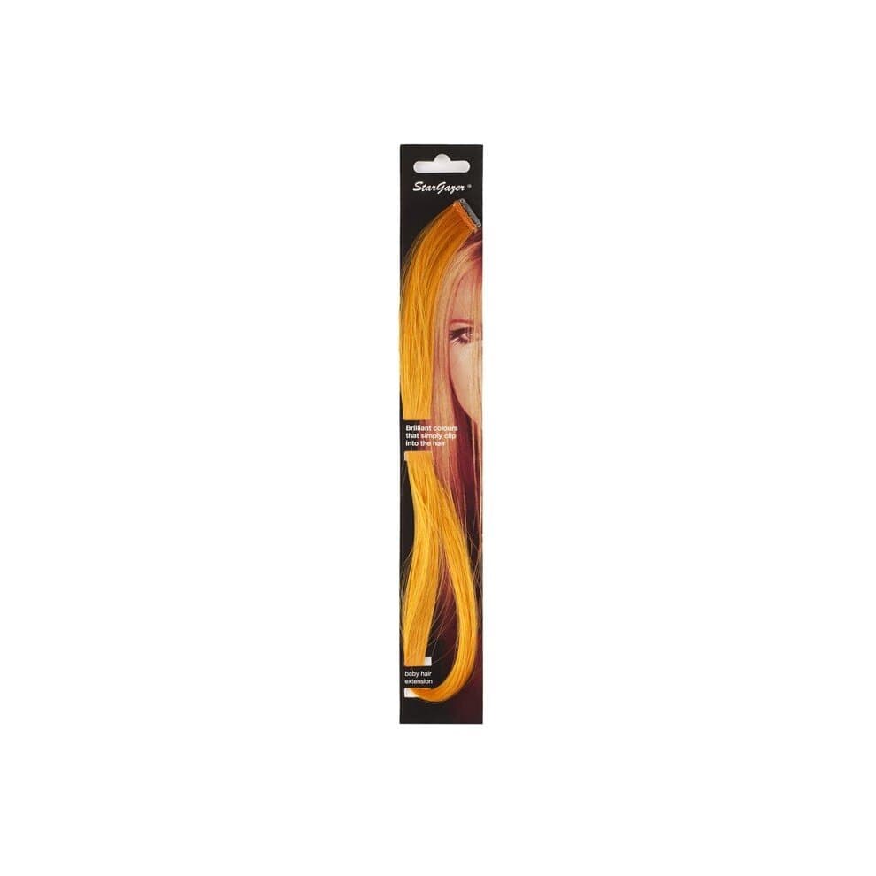 Bright orange clip-in hair extensions by Stargazer, featuring a sleek, synthetic material with a glossy finish, packaged in a vertical display with a model's profile.