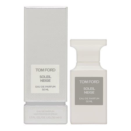 Elegant white bottle of Tom Ford Soleil Neige Eau De Parfum, 50ml, with a minimalist design and gray label, set against a plain background.