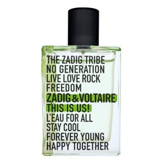 Clear glass bottle with a black cap, featuring bold green and black text on the front, labeled "ZADIG & VOLTAIRE THIS IS US! L'eau for All," 1.7 oz EDT spray.