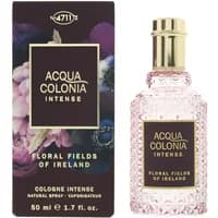 Pink glass bottle of 4711 Acqua Colonia Intense Floral Fields Of Ireland Eau De Cologne, gold cap, floral box design.